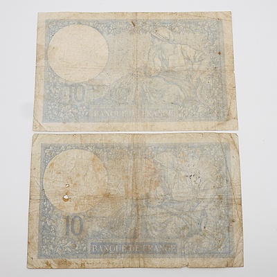 1940 and 1941 WW2 Ten French Francs Nazi Germany Occupation Banknotes