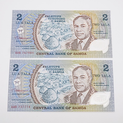 Two 1990 Samoa 2 Lua Tala Banknotes - Uncirculated