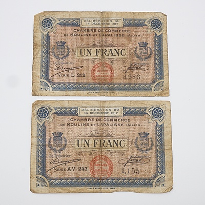 Two France Chambre de Commerce de Moulins et Lapalisse - Un Franc Banknotes