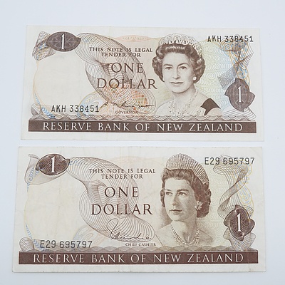 Two New Zealand One Dollar Banknotes