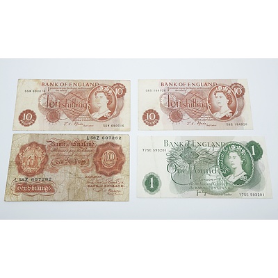 1949 England Ten Shillings, Two 1967 England Ten Shillings and England One Pound Banknote