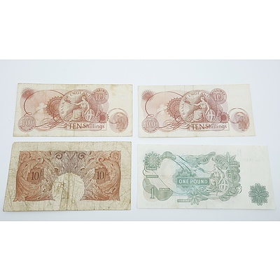 1949 England Ten Shillings, Two 1967 England Ten Shillings and England One Pound Banknote