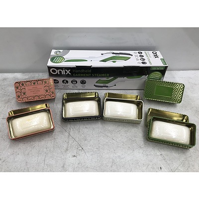 Collection of Six Boutique Mor Tinned Soaps and Onix Handheld Garment Steamer