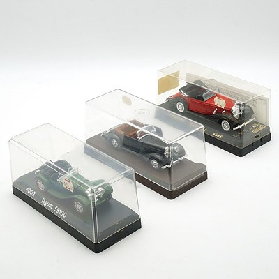 Three Cased Age D'or Solido Models, Mercedes Cabriolet, Jaguar SS100 and Talbot T23 1937