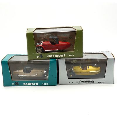 Three Cased Brumm Models, Including Morgan Super Sport 1933, Dartmouth 1929 and Sanford 1922