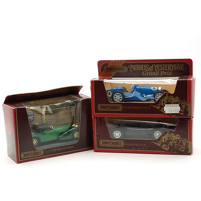 Boxed Matchbox Models of Yesteryear, 1938 Hispano Suiza, 1932 Bugatti Type 51 and 1935 E.R.A R.1B
