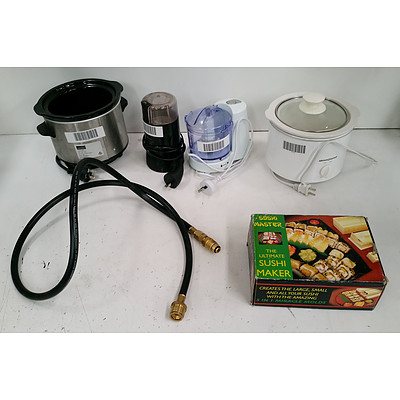 Assorted Kitchenware Including: 2x 1.5L Slowcookers, MultiGrinder, MiniChopper, Sushi Master Sushi Making Tools and 6mm LPG Hose.