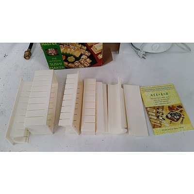 Assorted Kitchenware Including: 2x 1.5L Slowcookers, MultiGrinder, MiniChopper, Sushi Master Sushi Making Tools and 6mm LPG Hose.