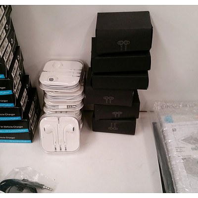Large Lot of Assorted Phone Accessories including: Apple Earpods, Car USB Chargers, more earphones and Assorted Blackberry Cases and Screen Protectors