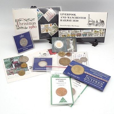 Group of Australian Coins, Including 1996 $5 Coin, 1966 50 Cent Coin, 1927 and 1951 Florins and More