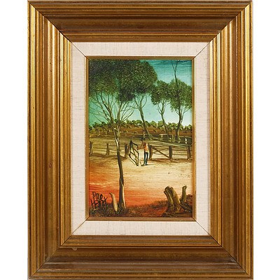 Pro Hart (1928-2006) Man At Gate, Oil On Board