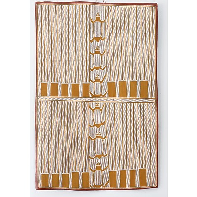 Tommy Gondorra Steele (1940-) Jima Jima - Water Lily and Frogs, Ochre on Bark