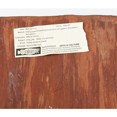 Tommy Gondorra Steele (1940-) Jima Jima - Water Lily and Frogs, Ochre on Bark