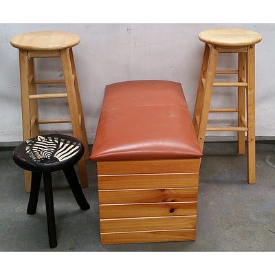 Pine Blanket Box, Two Pine Stools, One Small Stool and Two Clothes Airers