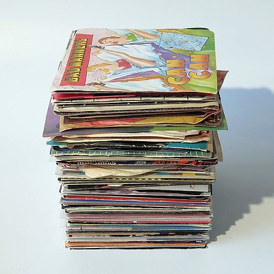 Large Group of Records Including; 'Bad Manners Can Can', 'The Kangaroo Rolfe Harris', 'Duran Duran The Wild Boys', 'Whitney Houston You Give Good Love' and More