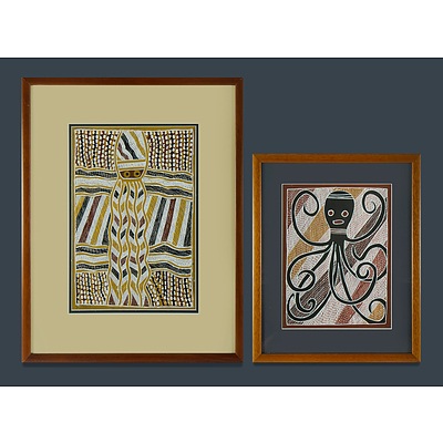 DHAMARRANDJI Milminyina 'Octopus' with Label for Nambara Arts & Crafts & Artist Unknown 'Squid or Octopus'