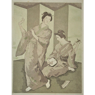 FOUJITA Tsuguharu Leonard (Japanese French 1886-1968) Images of a Geisha Dancing and Playing Instruments (3)
