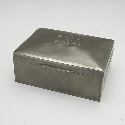 English Liberty and Co. Pewter Cigarette Box with Inscription 'B.A.R.C - 1952 - C.SHEARSTON'