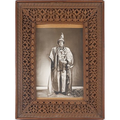 Padma Shumsher Jang Bahadur Rana, Prime Minister of Nepal, in Intricately Carved and Pierced Sandalwood Frame, Including Ephemera