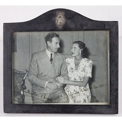 Crested Signed Engagement Photo of Louis Mountbatten, 1st Earl Mountbatten of Burma and Countess Edwina Ashley, Ebonized Frame Crested with Mountabatten Arms