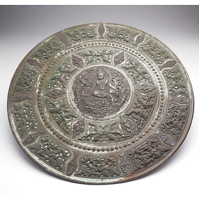 Large Indian Mixed Metal Tray Repousse Decorated with Hinduist Iconograhy, 19th Century