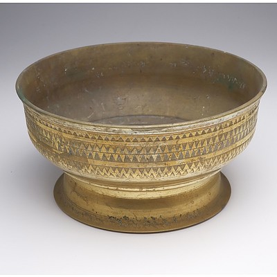 Near Pair of Antique Indo-Persian Cast Brass Footed Bowls with Geometric Border Patterns