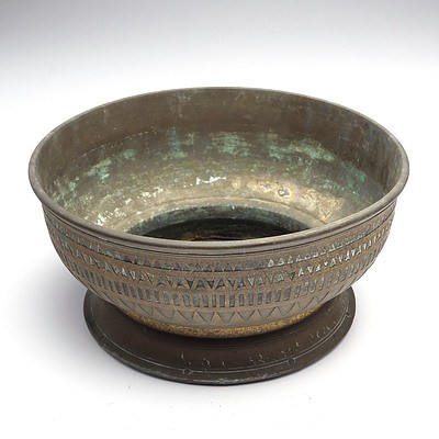 Near Pair of Antique Indo-Persian Cast Brass Footed Bowls with Geometric Border Patterns