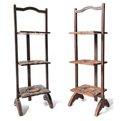 Pair of Anglo-Indian Carved Teak Folding Whatnots or Plant Stands