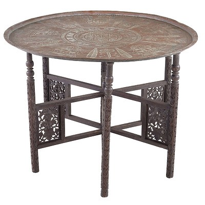 Large Indian Carved and Pierced Folding Table with Engraved Copper Top, Early 20th Century