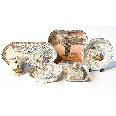 Empire Ware Crinoline Lady China Condiment Dish and Lid, Butter Dish, Scalloped Dish, Sandwich Platter, Addlerly China Crinoline Lady Octagonal Bowl and a Dickens Ware Bill Sykss Scalloped Dish