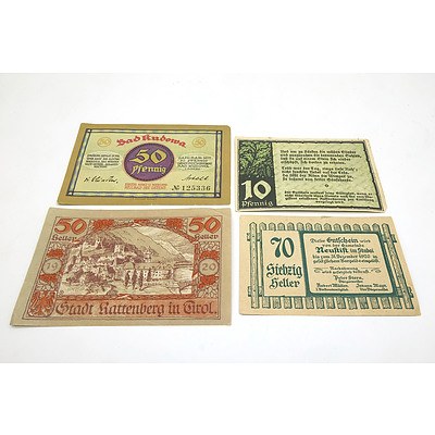 1920 Germany Bao Kudowa Fifty Pfennig, 1920 Fifty and Twenty Heller and a 1921 Germany Ten Pfennig Banknotes