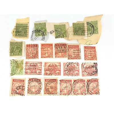 Group of Stamps, Including 1915-1935 Australia ANZAC Commemoration Two Pence, 1945 Australia Two and a Half Pence and more