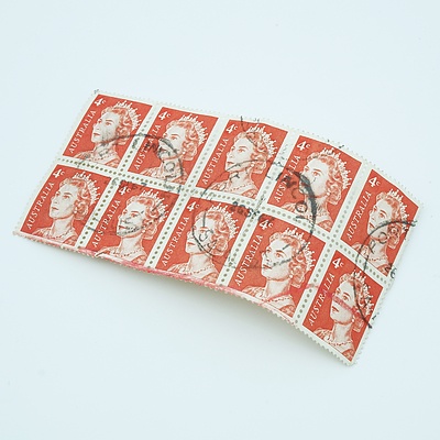 Block of 10 - 1966 Queen Elizabeth II - 4 cent - Red stamps