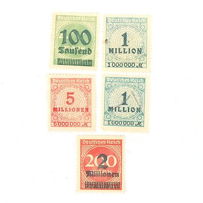 1923 Germany One Million, Five Million, Two Million and One Hundred Million Stamps