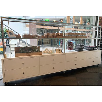 Mobile Eight Drawer Shop Display Unit with 2 Glass Shelves