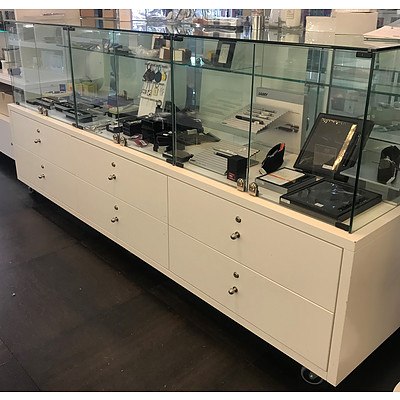 Mobile Six Drawer Three Glass Cube Floor Display Unit