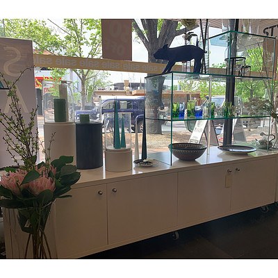 Mobile Four Door Floor Display Unit with 3 Tier RHS Glass Shelves