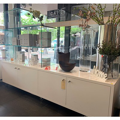 Mobile Four Door Floor Display Unit with 3 Tier LHS Glass Shelves