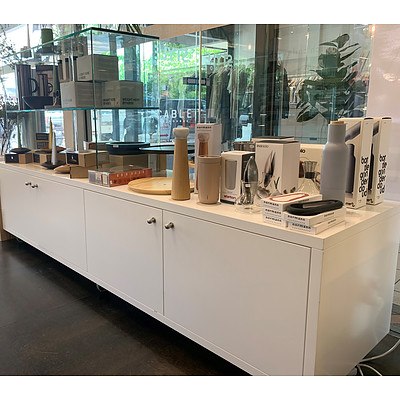 Mobile Four Door Floor Display Unit with 2 Tier LHS Glass Shelves