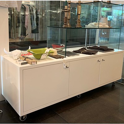 Mobile Three Door Floor Display Unit with 2 Tier RHS Glass Shelves