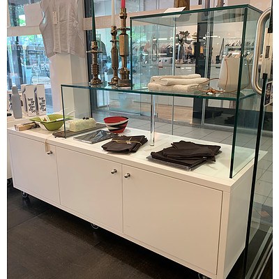 Mobile Three Door Floor Display Unit with 2 Tier RHS Glass Shelves