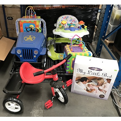Group of Childrens Toys Including 'My Little Bed', Trike, Police Ride-in Jeep, Two Learning Boxes and Infant Activity Centre