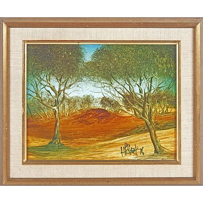 Pro Hart (1928-2006) Untitled Landscape 1976, Oil on Board