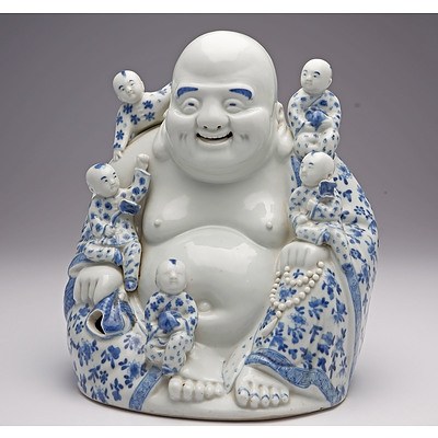 Rare Chinese Blue and White Buddha Budai with Five Boys, Wei Hong Tai Mark, Republic Period