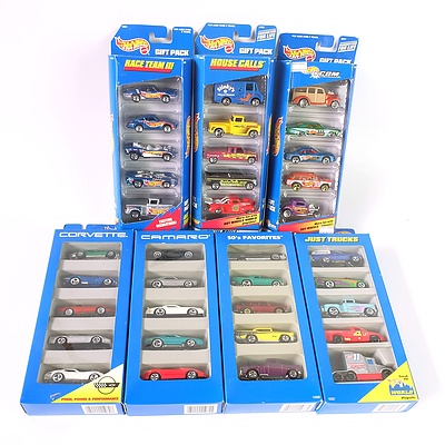 Seven Hot Wheels Model Car Sealed Gift Packs, Including 50s Favorites, Corvettes, Camaros, and Just Trucks