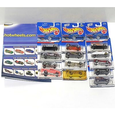 Thirteen Hot Wheels Model Cars from the Future Fleet Series and the 2000 First Edition Series and a Hot Wheels Poster