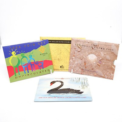 Four Uncirculated Silver Proof Coin Sets, Including 1989 Queensland $10 Silver Coin, 1990 Western Australia $10 Silver Coin, 1993 Australian Capital Territory $10 Silver Coin and More