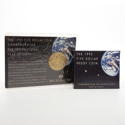 1992 International Year of Space $5 Silver Proof Coin with Presentation Box and 1992 International Year of Space $5 Alloy-Bronze Proof Coin