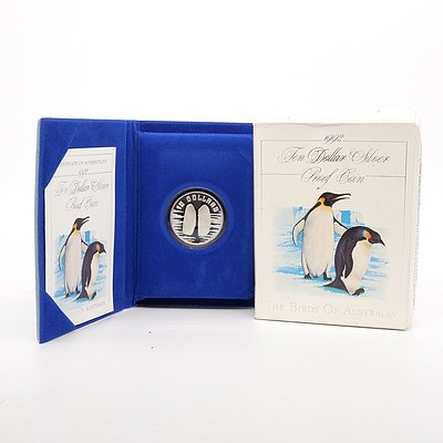 1992 The Birds of Australia, Emperor Penguin $10 Silver Proof Coin