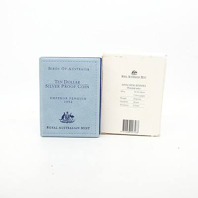 1992 The Birds of Australia, Emperor Penguin $10 Silver Proof Coin